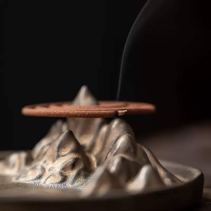 Vintage Golden Mountain Incense Holder | Artisanal Ceramic Burner - Back View