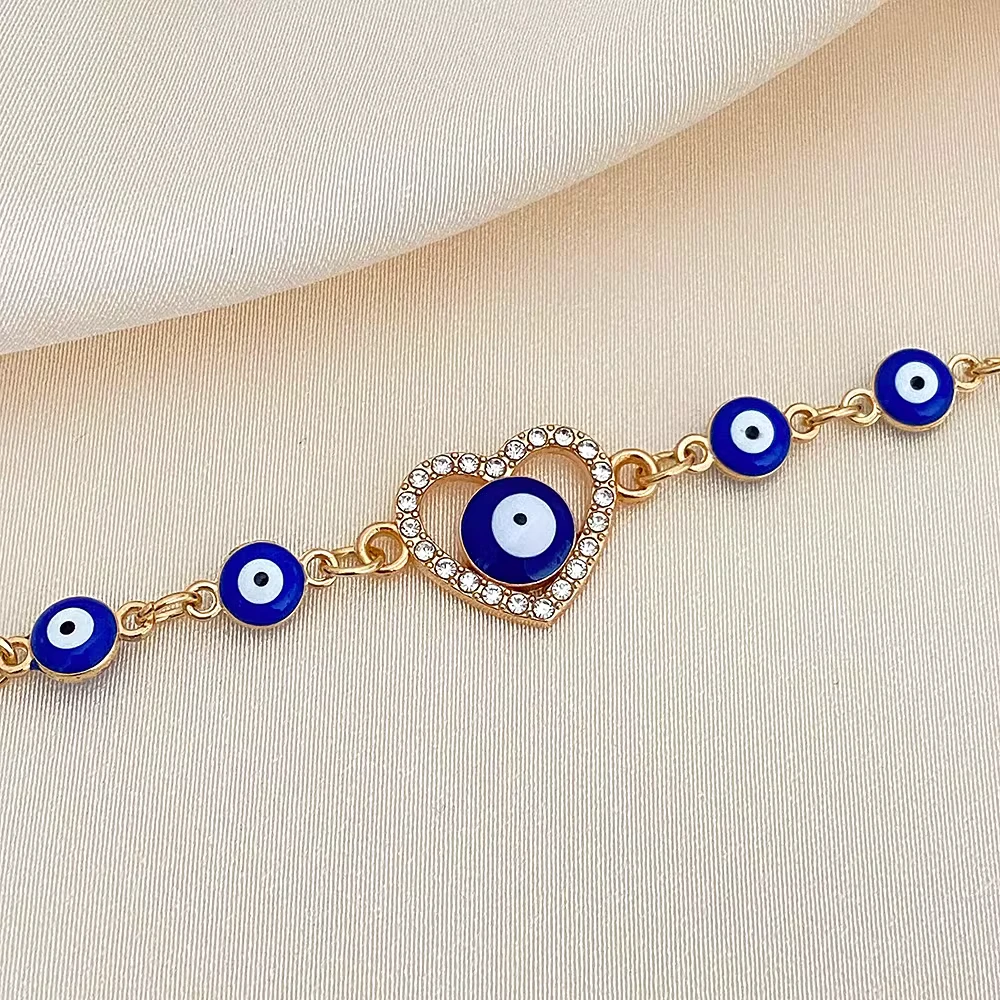 Dainty Evil Eye Heart Charm Bracelet - Gold Plated Protection Amulet Jewelry for Women - Front View