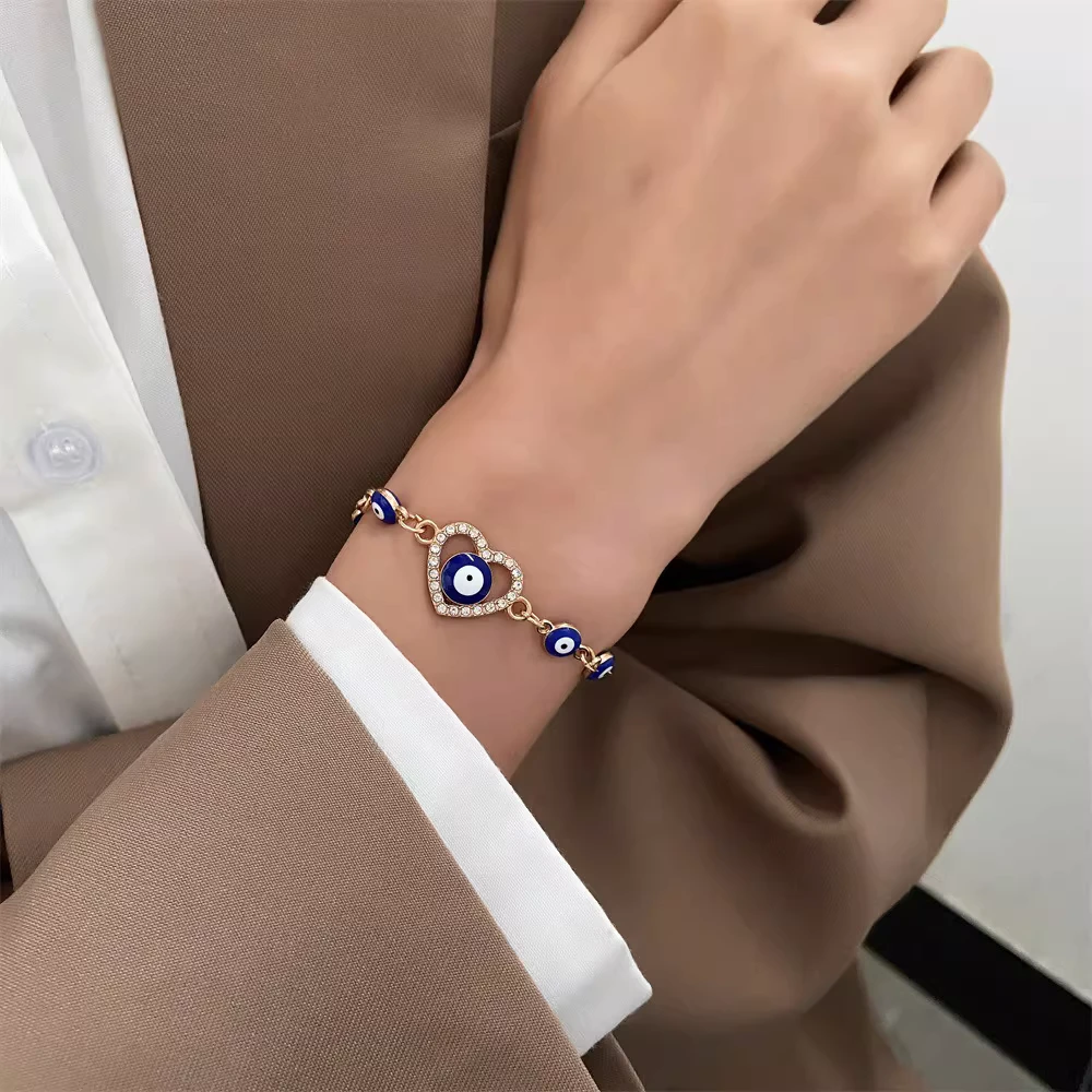 Dainty Evil Eye Heart Charm Bracelet - Gold Plated Protection Amulet Jewelry for Women 18 cm dark blue