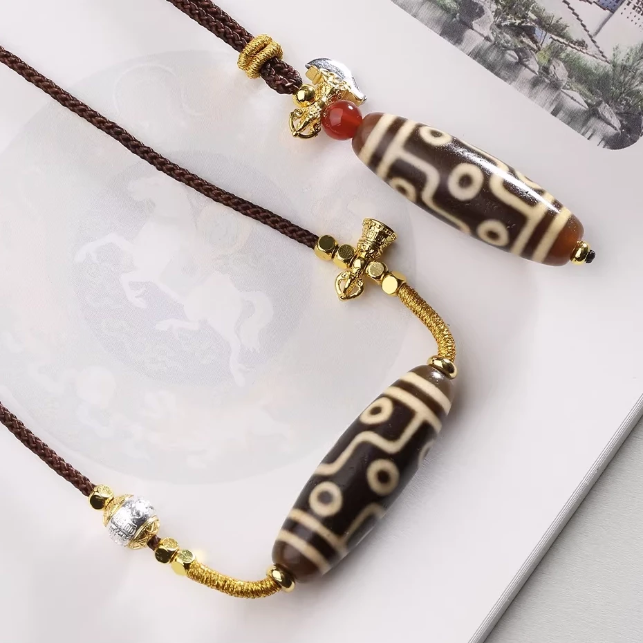 Authentic Tibetan Hand-Braided Dzi Bead Amulet Necklace – Sacred Talisman for Harmony, Luck, and Positive Energy - Side View