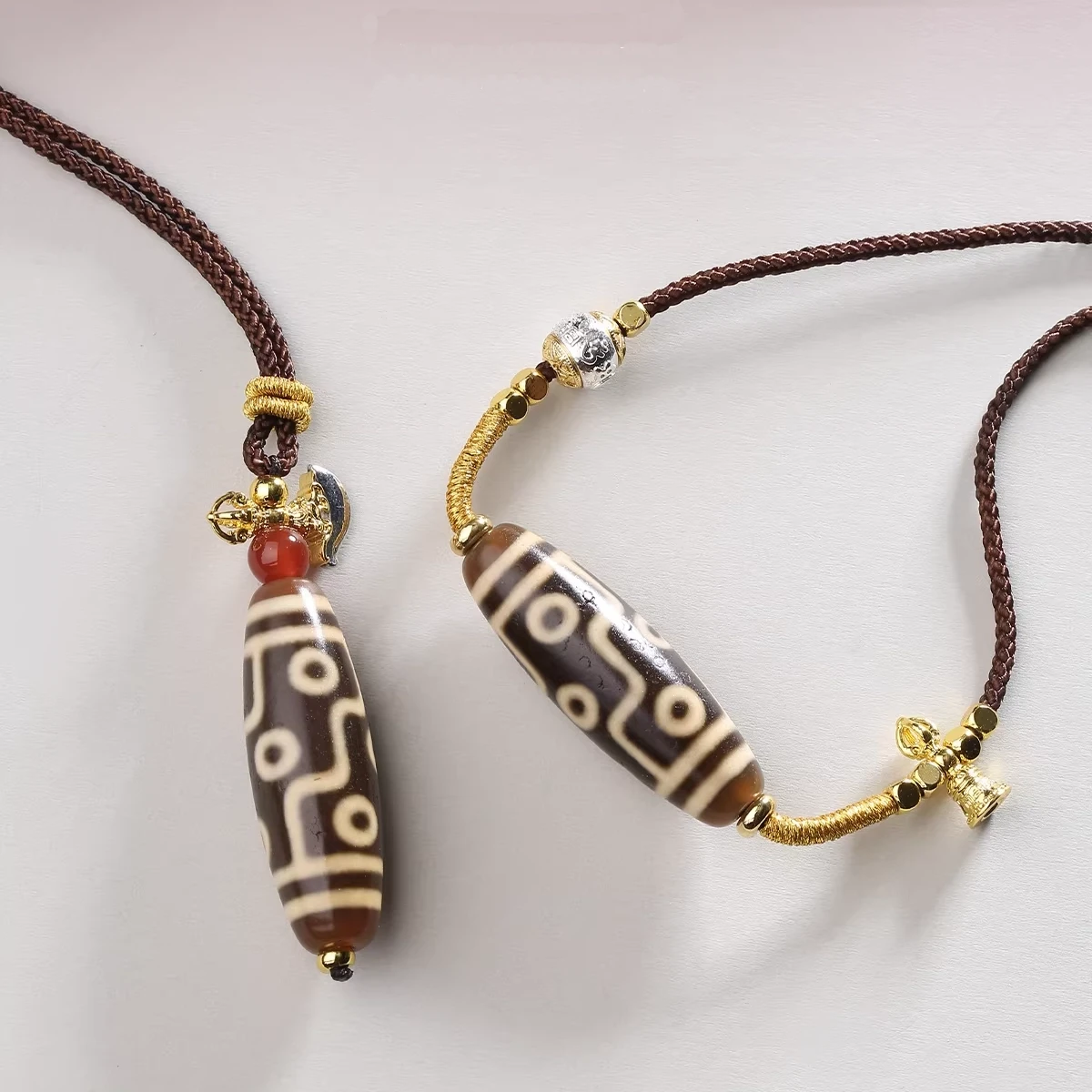 Authentic Tibetan Hand-Braided Dzi Bead Amulet Necklace – Sacred Talisman for Harmony, Luck, and Positive Energy - Back View