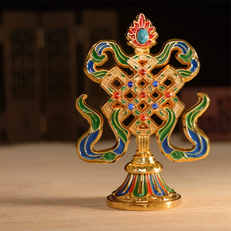 Handcrafted Tibetan Eight Auspicious Symbols (Ashtamangala) Set with Presentation Box – Golden & Colorful Enamel Talismans for Good Fortune and Positive Energy - Side View