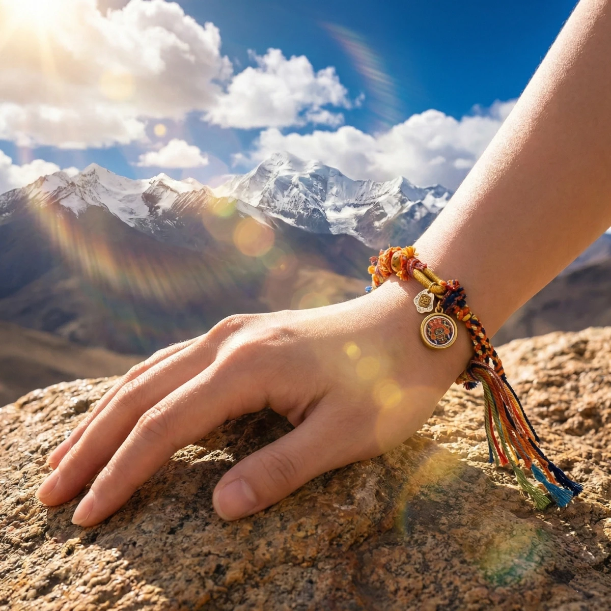Himalayan Blessing: Handwoven Tibetan Lucky Knot Bracelet with Sacred Charms - Front View