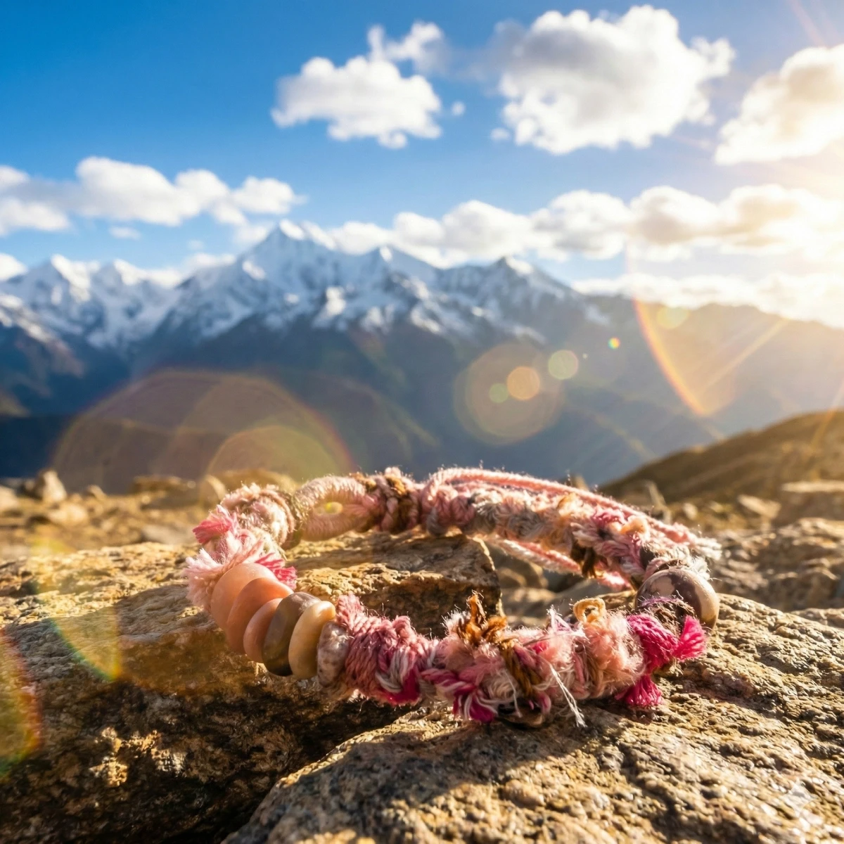 Himalayan Blessing: Handwoven Tibetan Lucky Knot Bracelet with Sacred Charms - Side View
