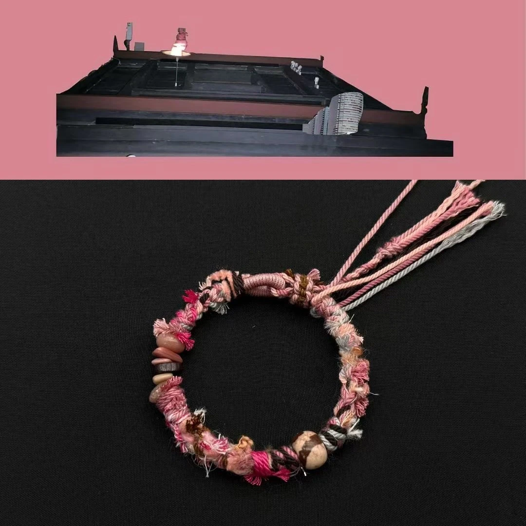 Himalayan Blessing: Handwoven Tibetan Lucky Knot Bracelet with Sacred Charms regular peach mist